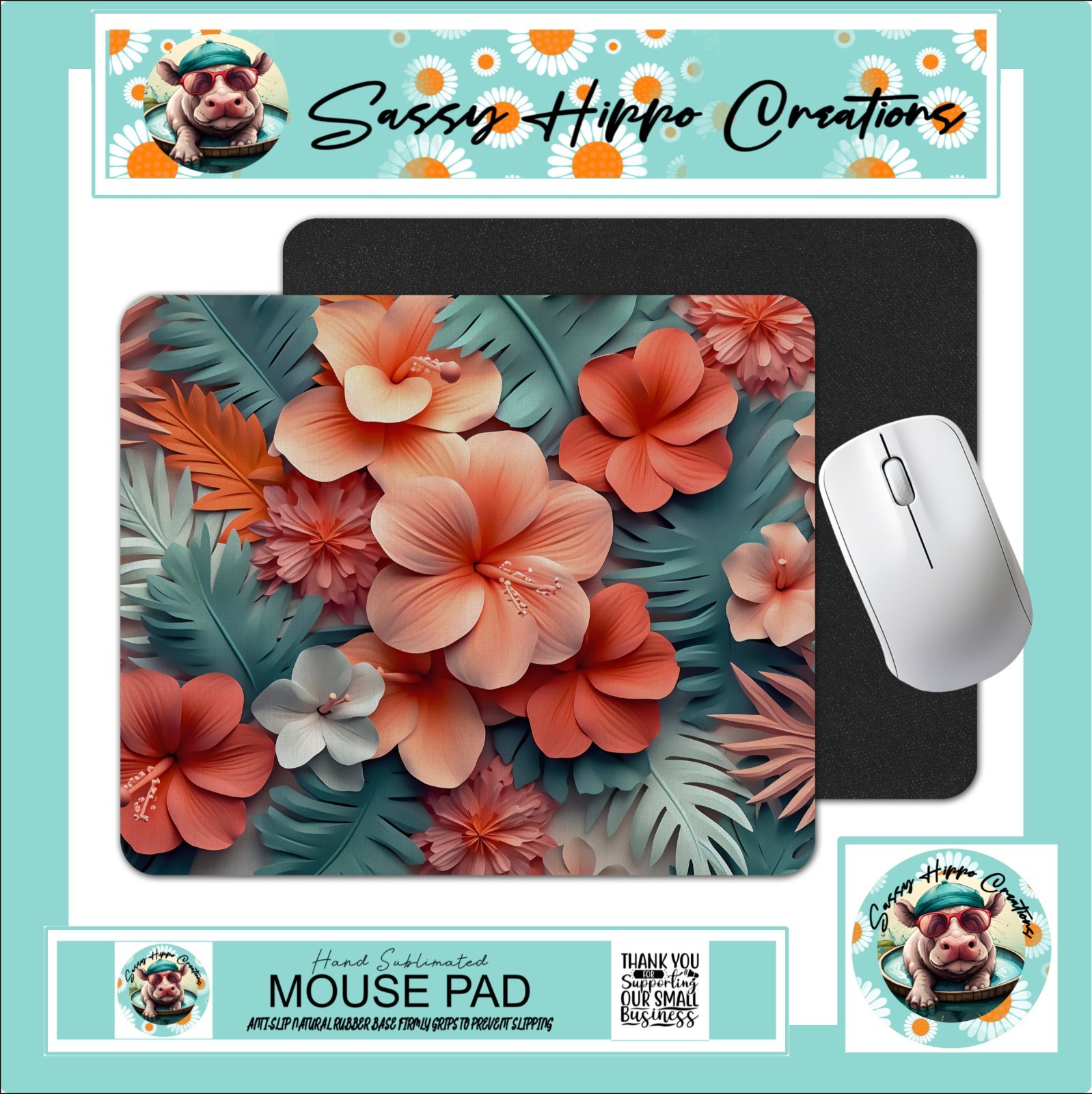 Mouse Pad Tropical 3D Colorful Floral Peach and Green Anti Slip Back Easy Clean