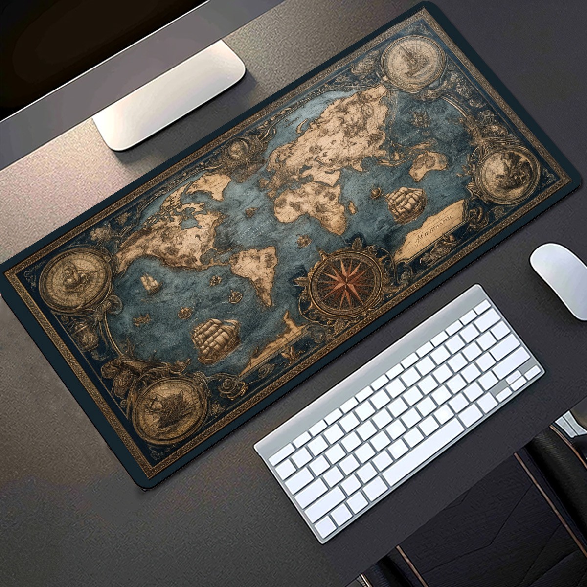 1pc Extended Gaming Mouse Pad and PC Desk Keyboard Mat - Vintage Style World M