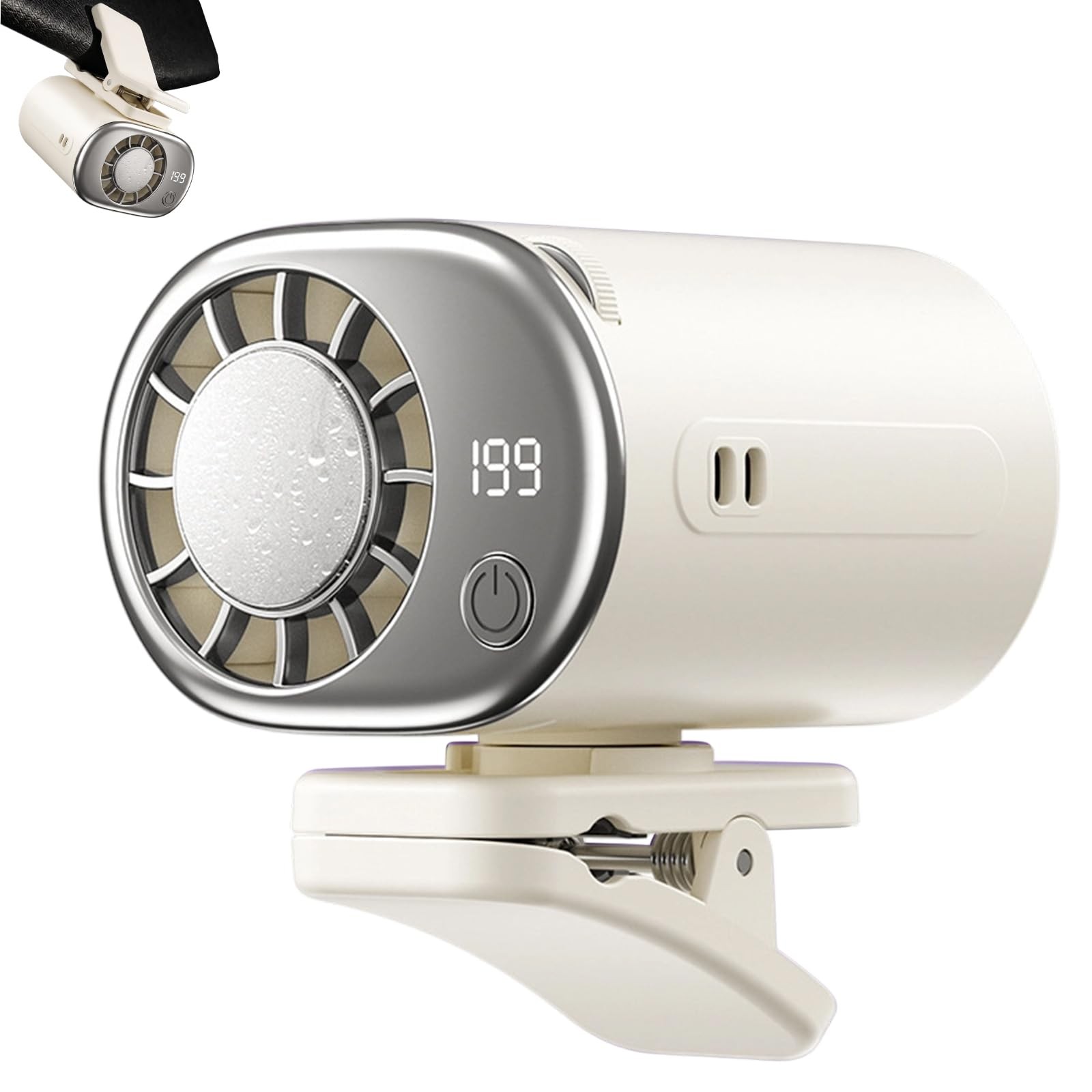 Car Clip on Air Conditioner Fan with Display,Portable Mini Compact, Off-white