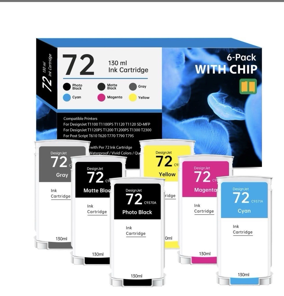 6 Pack High Yield XL 72 DesignJet Hp Compat Ink T610 T620 T770 T790 No Cyan