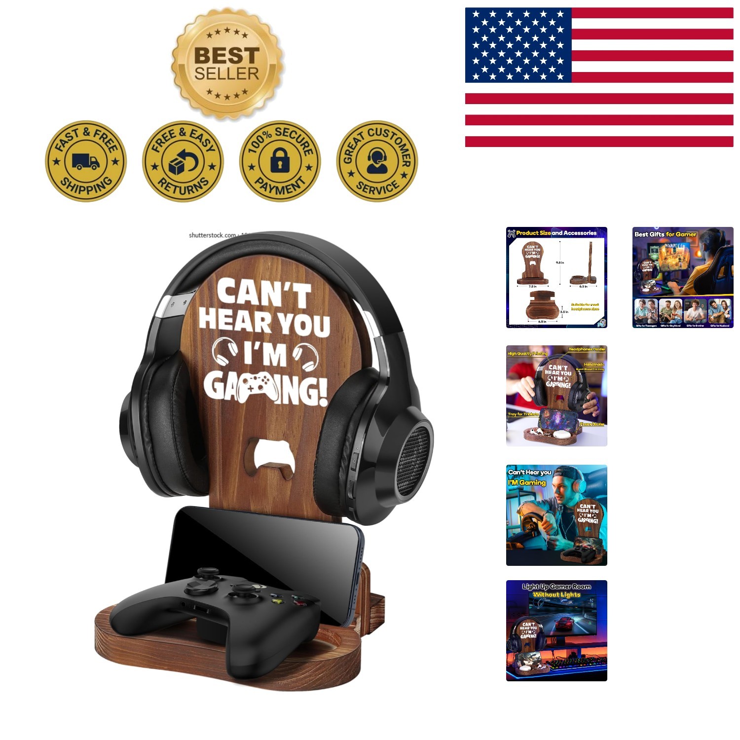 Handmade Wooden Headphone Stand - Gamer Gift for Him, Stylish Room Decor