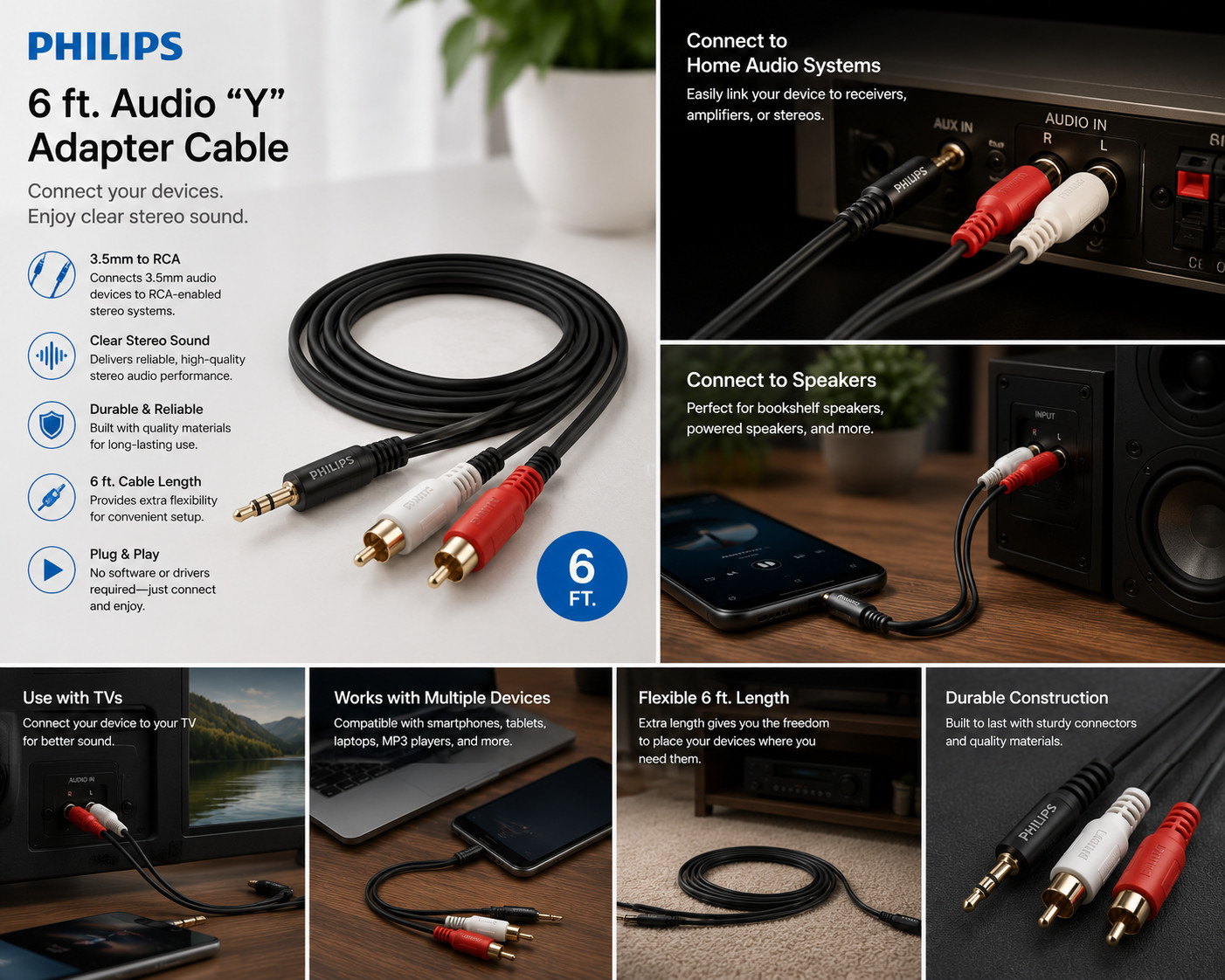 Philips 6 ft. Audio "Y" Adapter RCA/3.5mm Black - Sealed Box