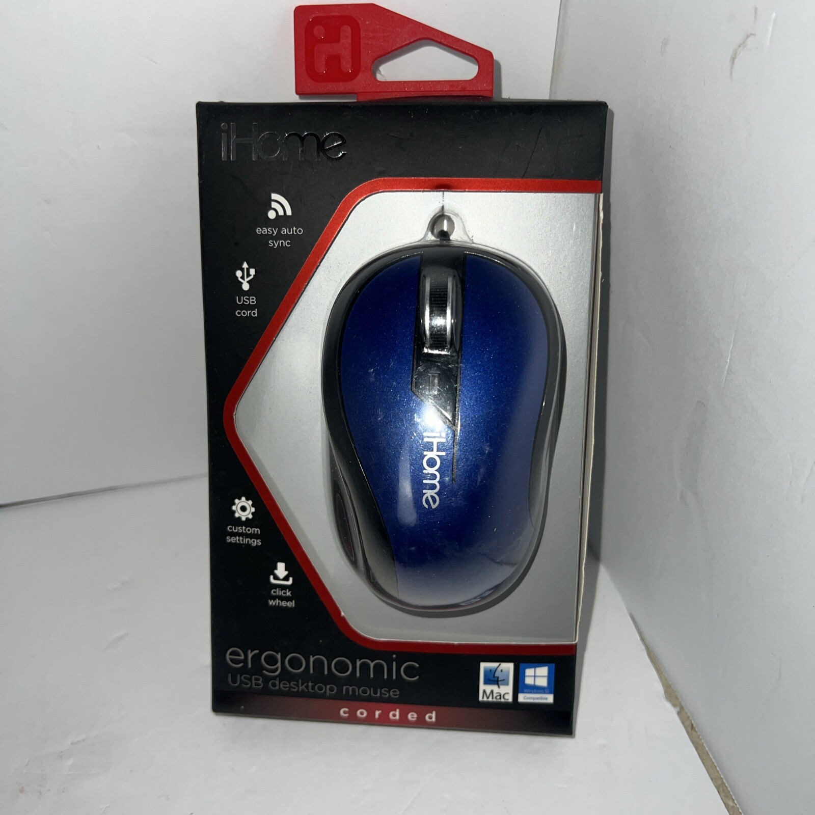 IHome Ergonomic Wireless Desktop Mouse AutoSync USB Click Wheel Battery Blue