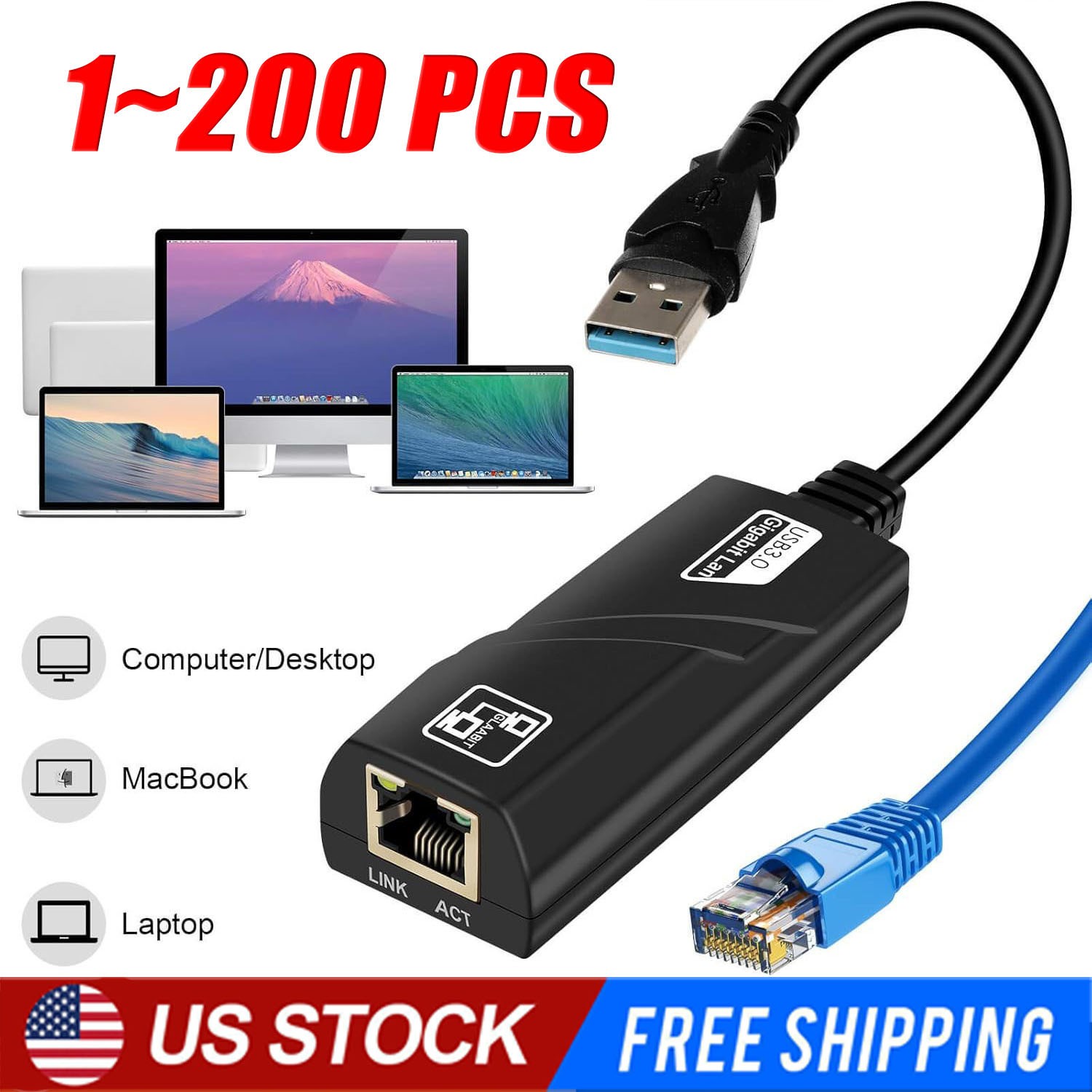 USB 3.0 Gigabit Ethernet LAN RJ45 1000Mbps Network Adapter For Windows PC LOT