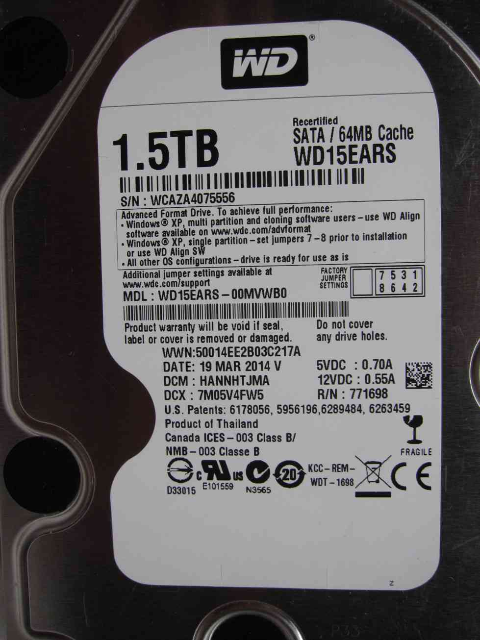 Western Digital 1.5TB WD15EARS-00MVWB0 DCM:HANNHTJMA | 19 MAR 2014