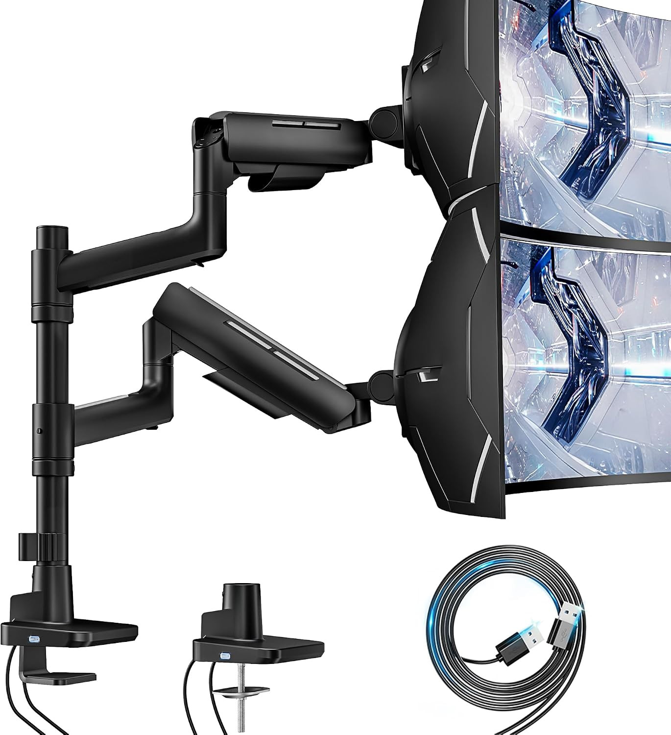 Dual Monitor Mount with USB for 17-49 Inch Screen, Black | Ultrawide Heavy Duty
