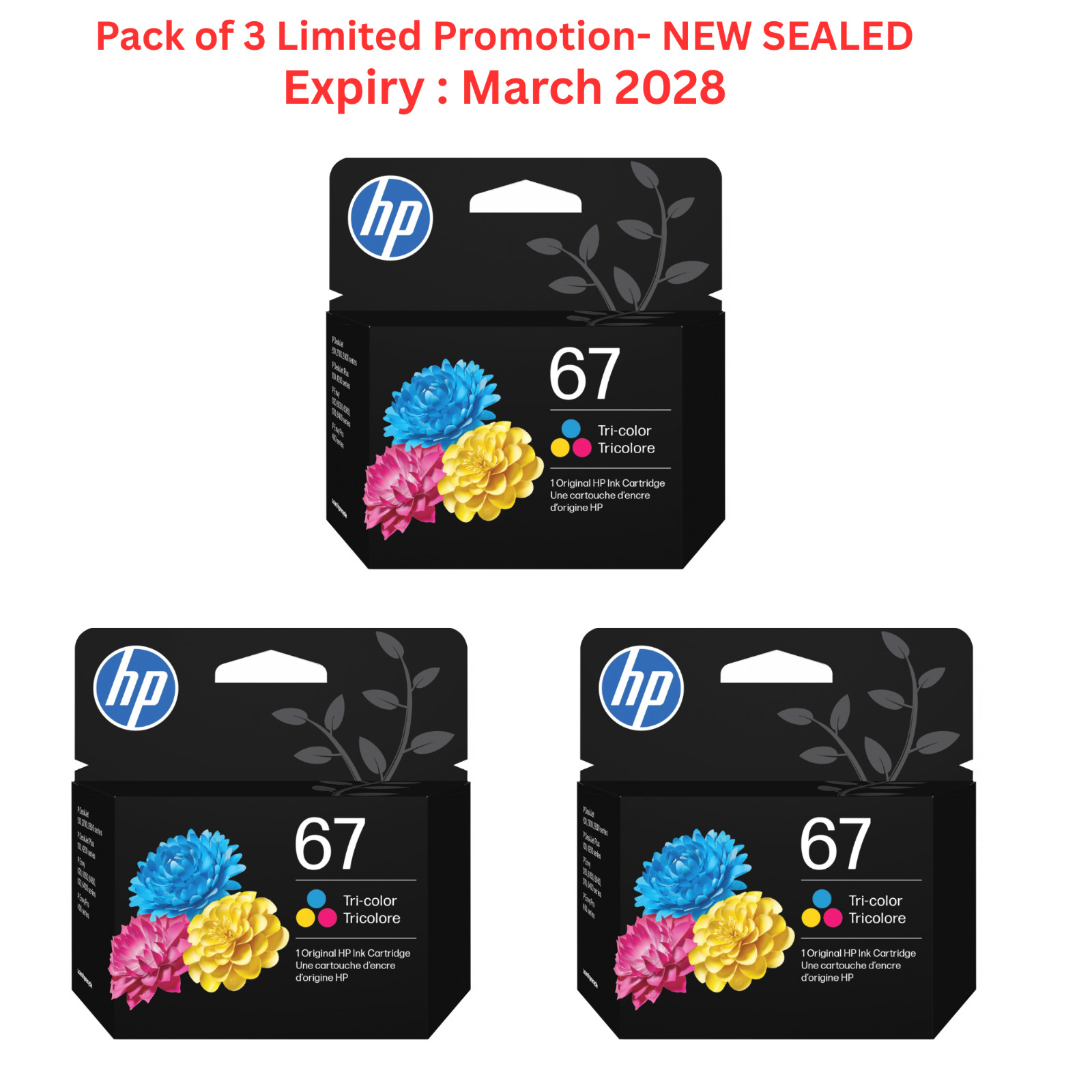 LOT OF 3 HP 67 Standard Tri-Color Ink Cartridge 3YM55AN (Expiry March 2028)-NEW