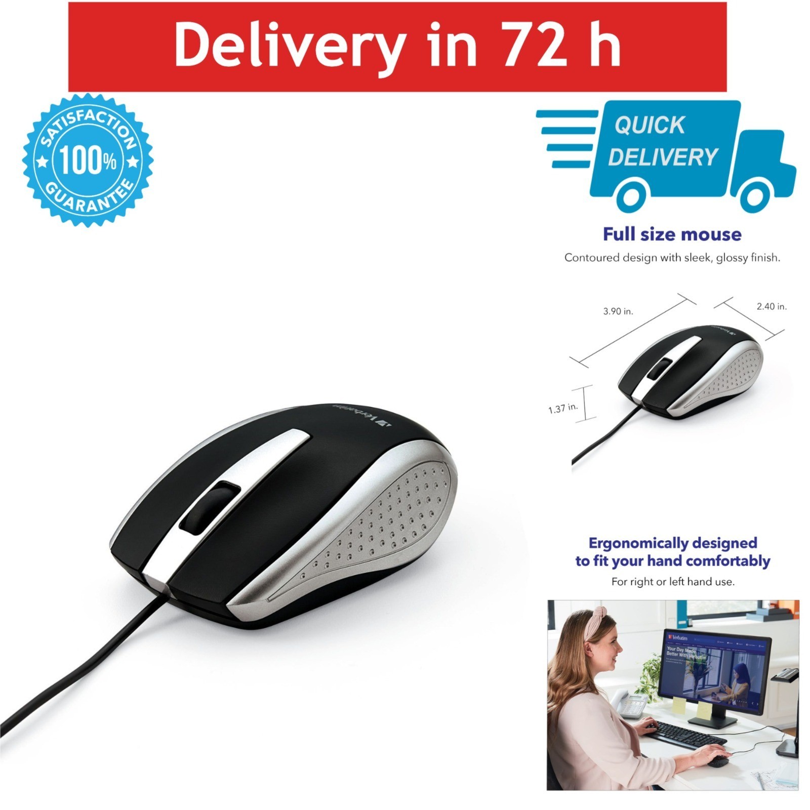 Verbatim Corded Notebook Optical Mouse USB Precision Scroll Wheel Silver