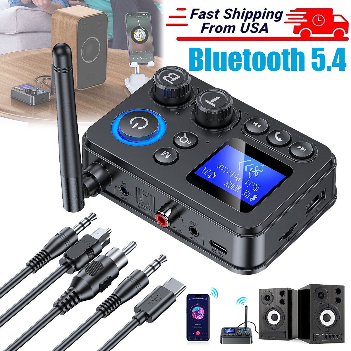 RX/TX Bluetooth 5.4 Transmitter Receiver 3.5mm AUX TV Home Stereo Audio Adapter+