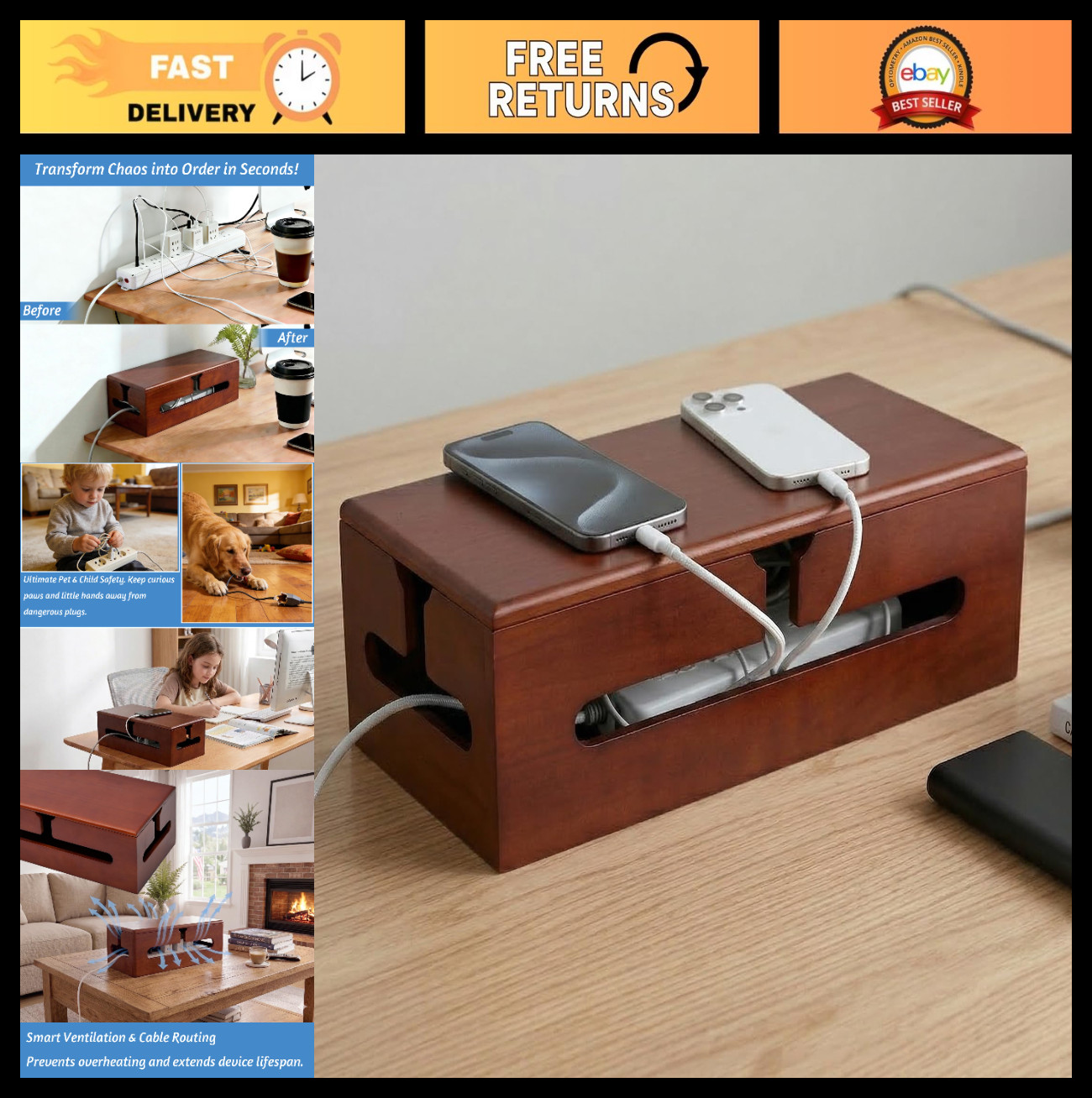 Large Wooden Cable Management Box with Lid - Solid Pine Organizer, Brown