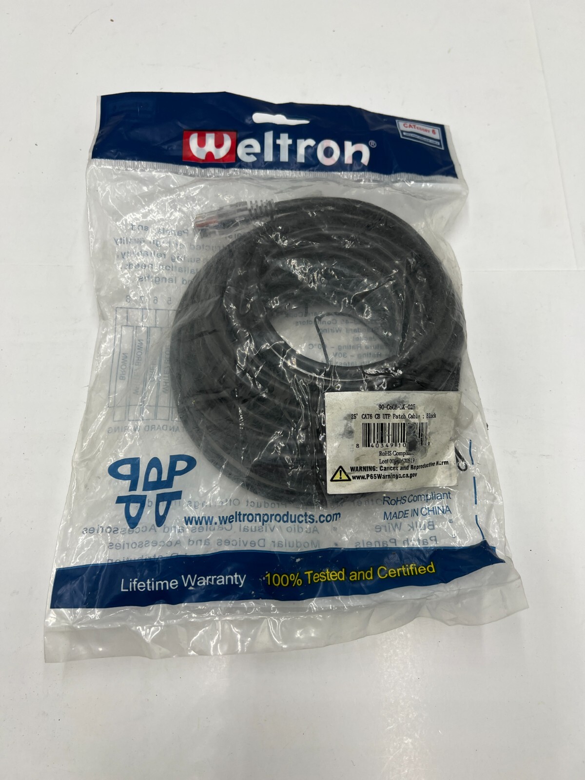 QTY 6 Weltron 25ft Black Cat 6a UTP CB Patch Cable High Performance