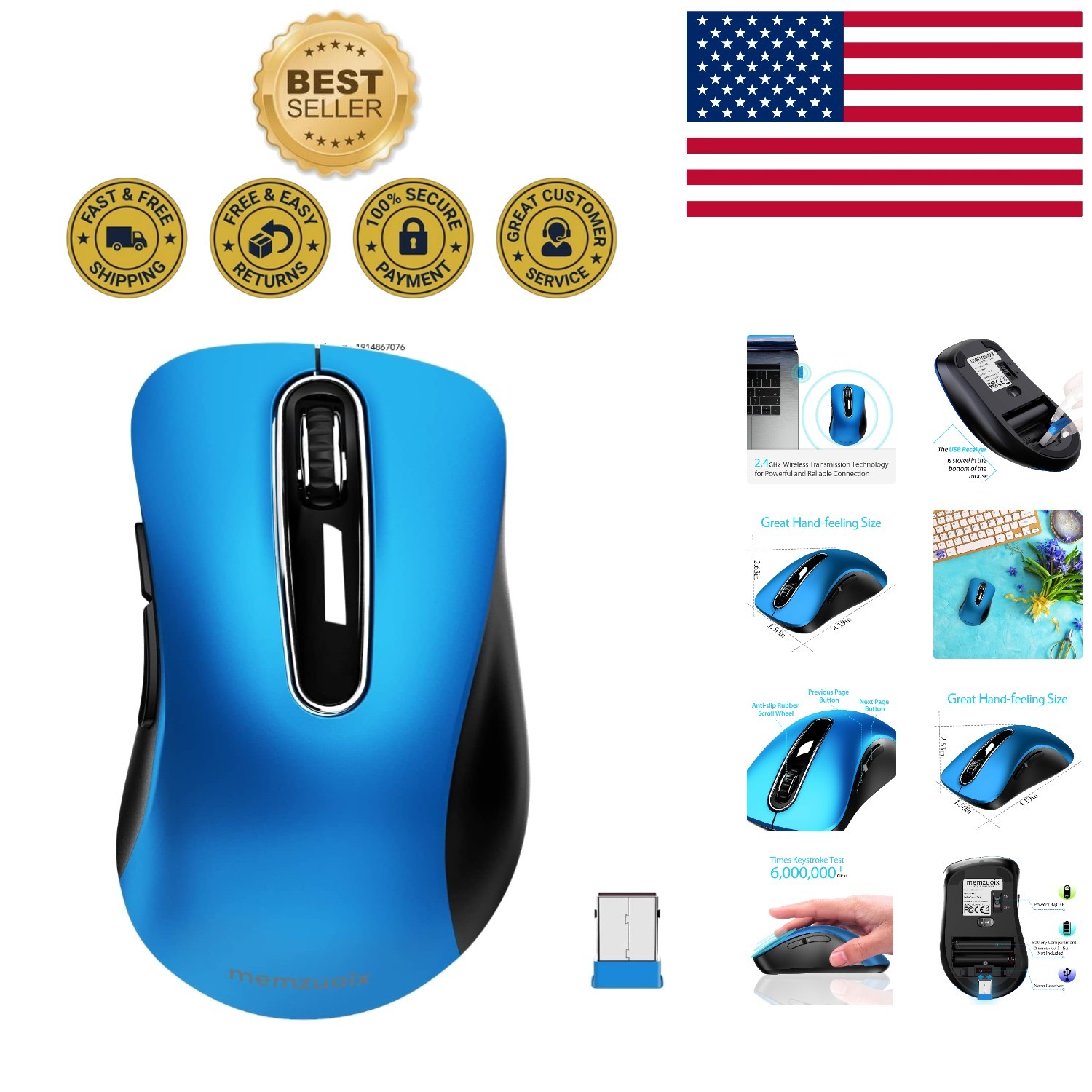 Elegant 2.4GHz Wireless Mouse 1400 DPI with 5 Buttons - Mobile Optical in Blue