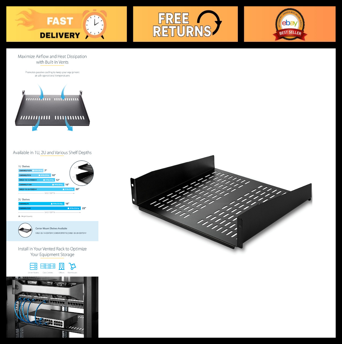 Vented 2U Cantilever Rack Shelf 16" Deep, 50lb Capacity, Universal Fit, Steel, A