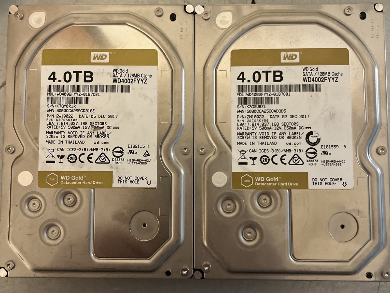 Lot Of 2  4TB Western Digital Gold HD SATA/128MB WD4002FYYZNo Work FOR PART ONLY