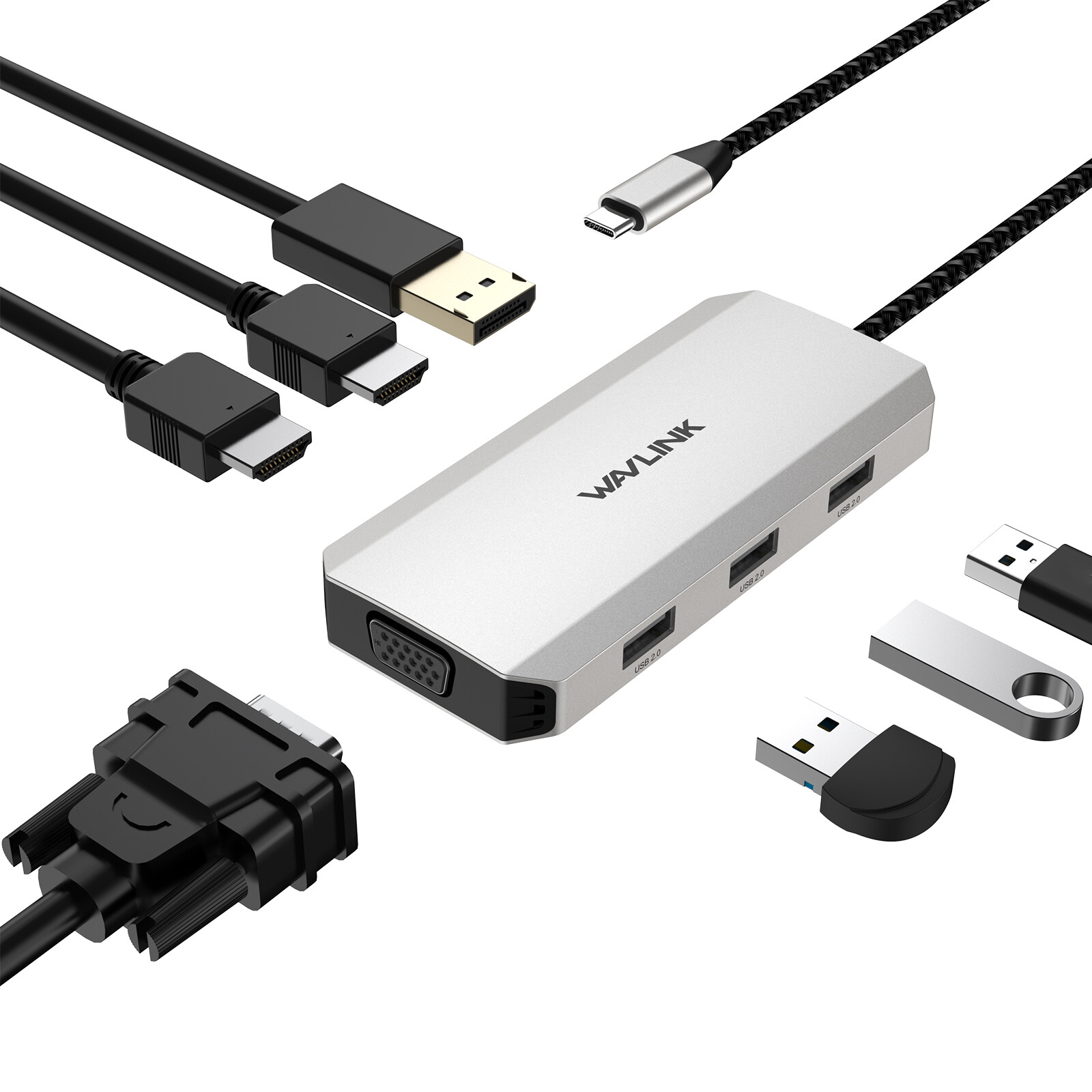 Laptop Docking Station Quad Monitor 7-in-1 USB C Hub 2x 4K HDMI 4K DP VGA USB2.0