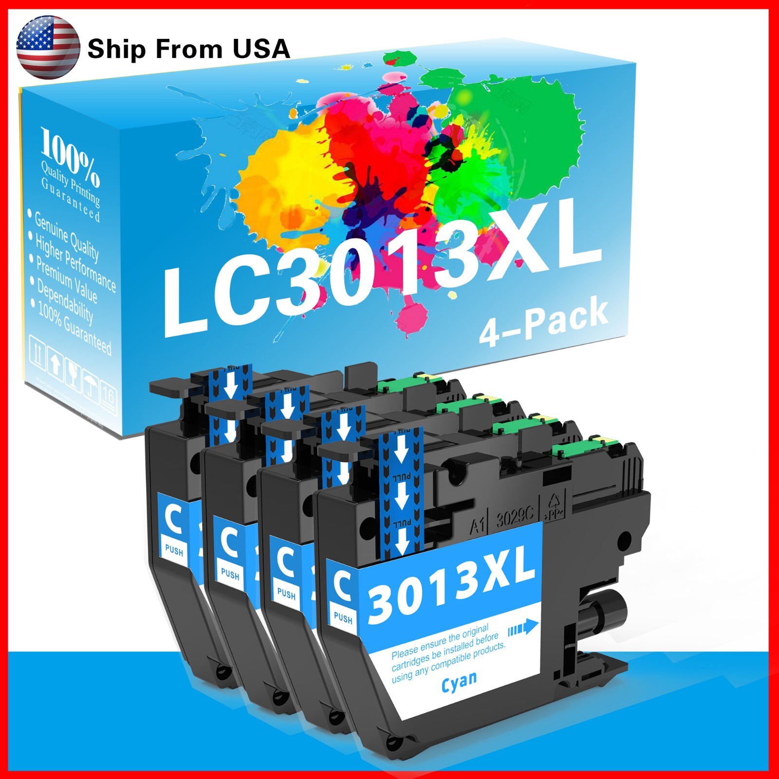 4Pcs LC3013XL Cyan Ink Cart For MFC-J895DW MFC-J690DW MFC-J497DW MFC-J491DW
