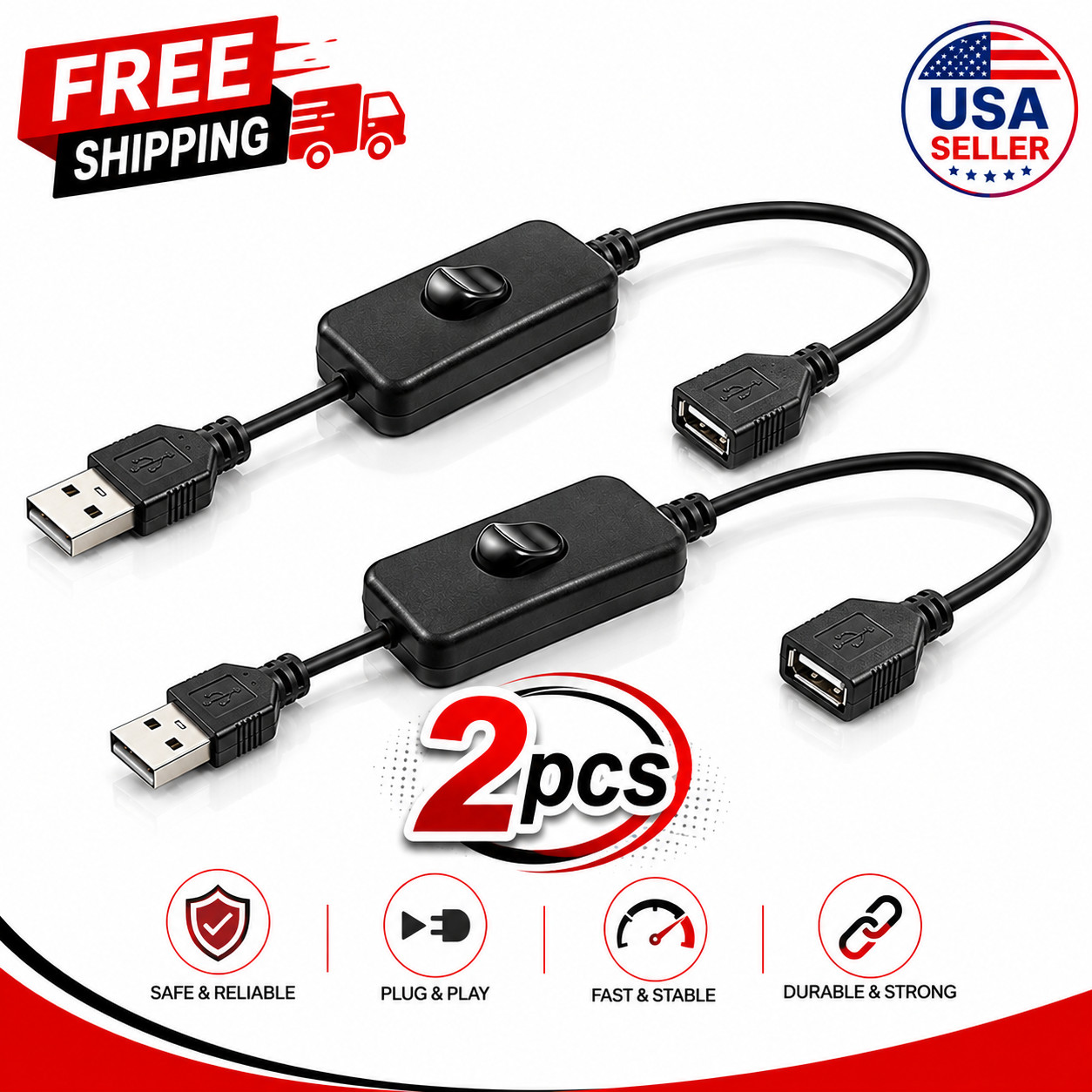 2 Pack USB Extension Cable with ON OFF Switch Male to Female Inline Power Cord 
