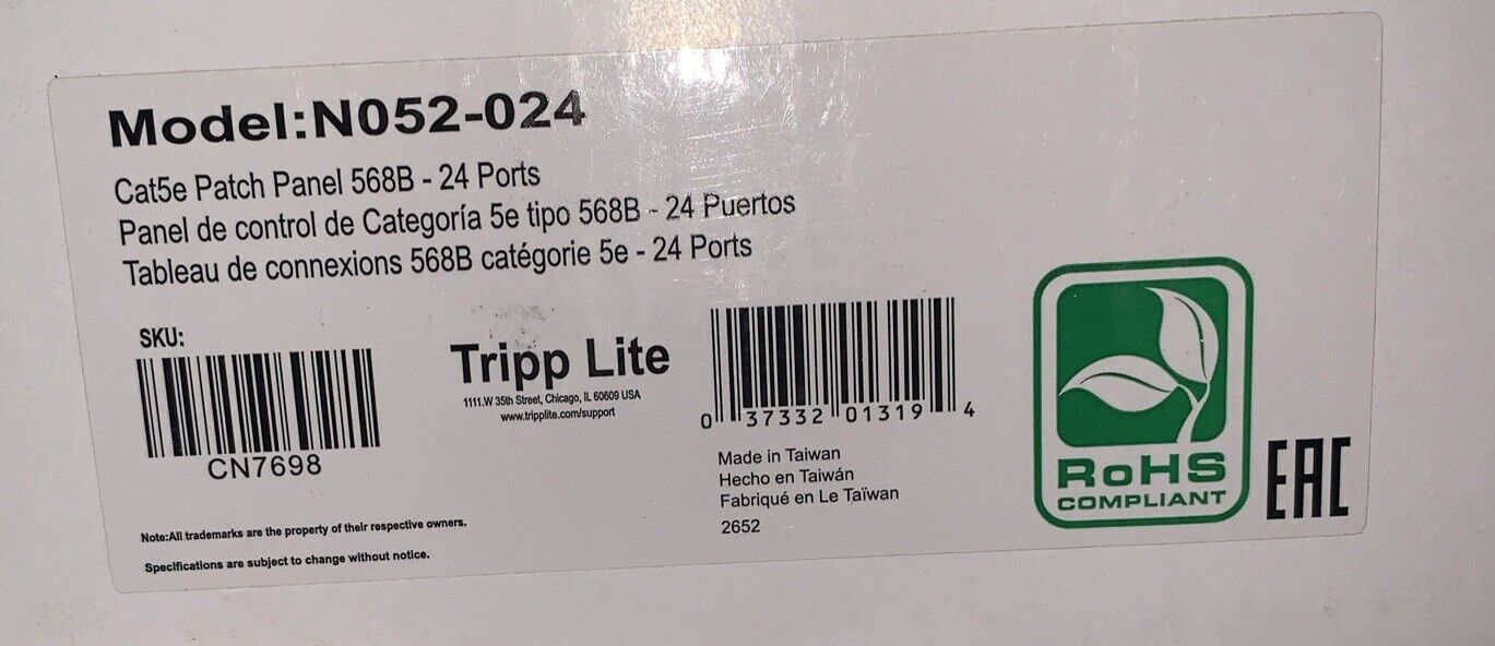 TRIPP LITE N052-024 24-Port Cat5e Patch Panel 568B