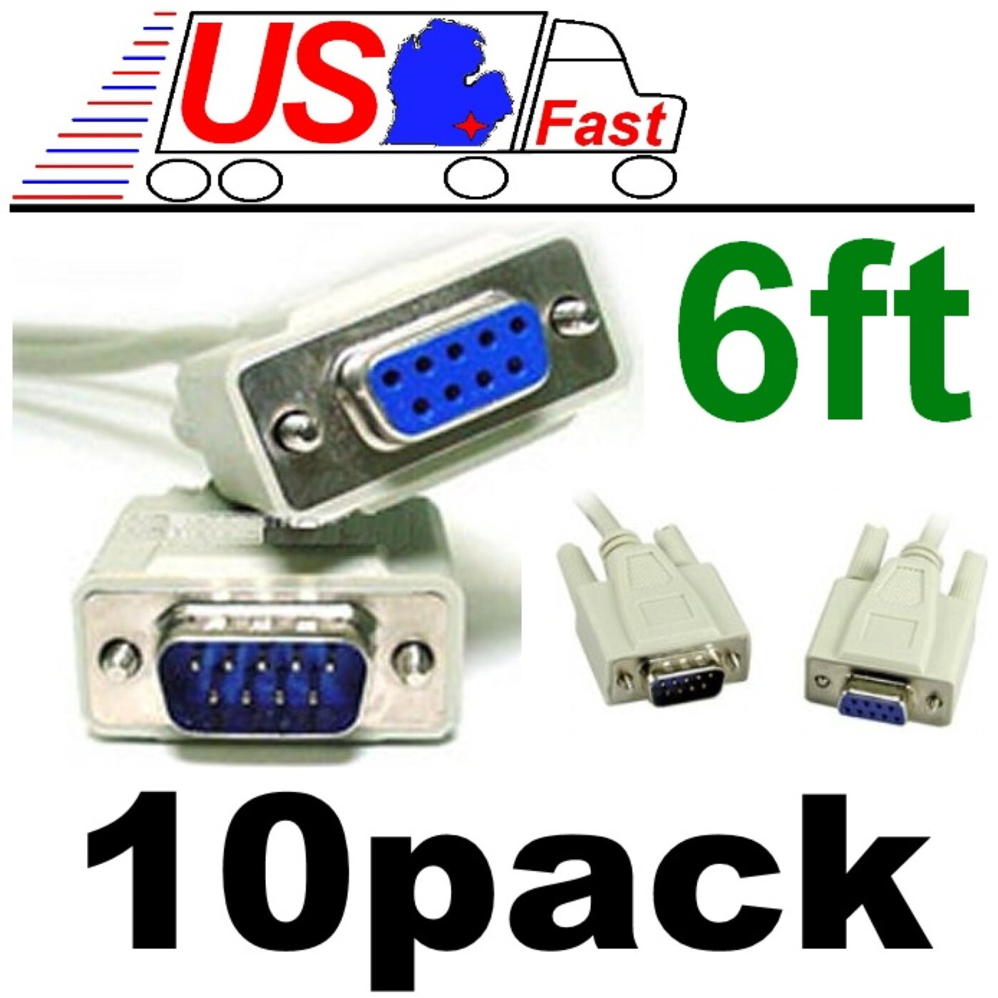 Lot10 6ft DB9pin Male-Female Extension Serial RS232 Straight Through Cable/Wire