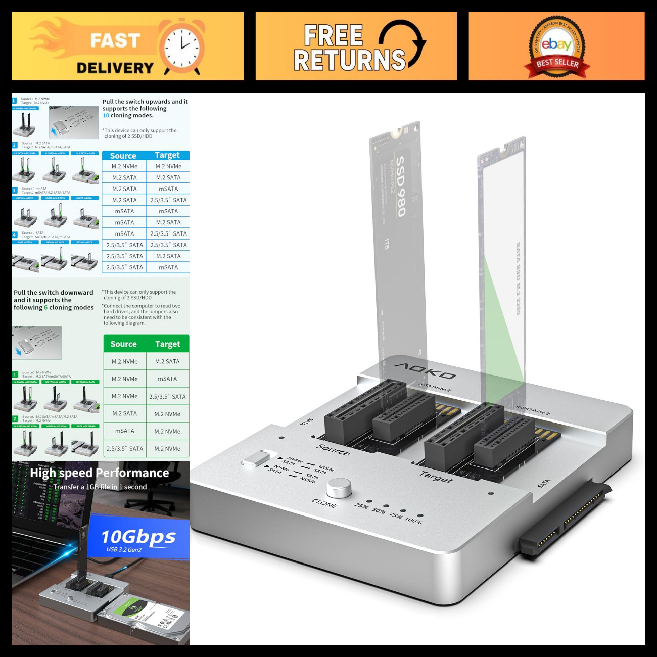 M.2 SSD Cloner Docking Station for NVMe, mSATA & SATA Hard Drives - Fast Data Tr