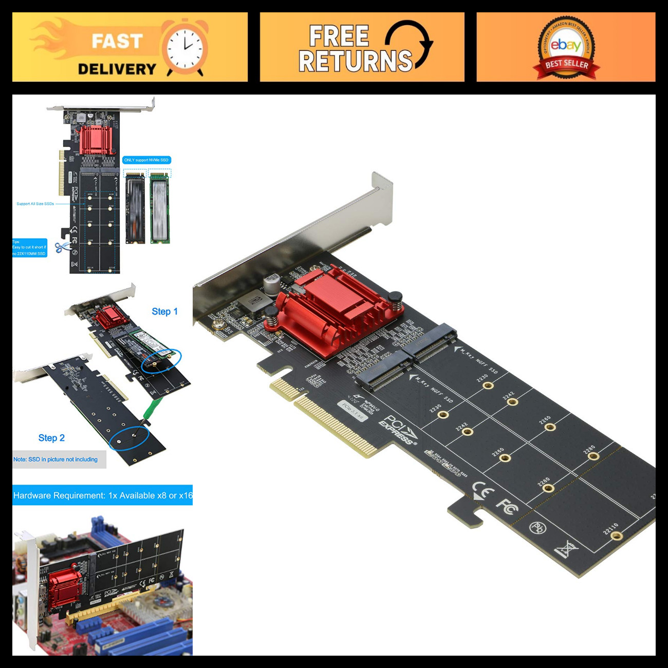 Dual NVMe PCIe Adapter Card - M.2 to PCI-e 3.1 x8/x16 for NVMe SSD 22110/2280/22