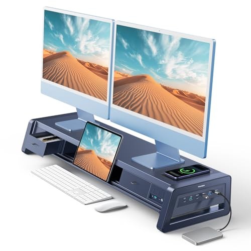  All-in-One Dual Monitor Stand Riser with 2 Drawers, 8USB Ports and Dark Blue