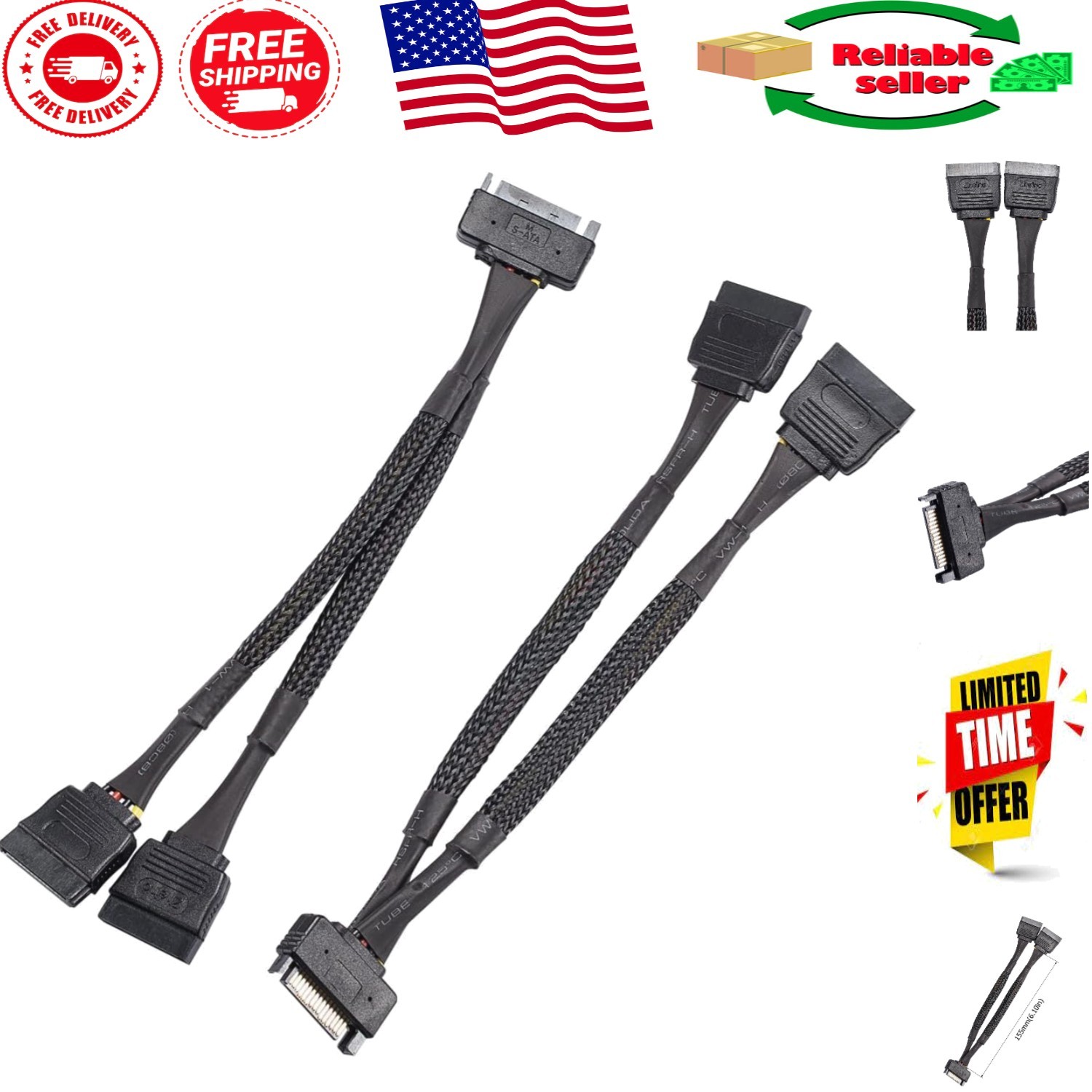 Braided SATA Power Cable Splitter 2-Pack - 6-Inch Y Extension for HDD/SSD