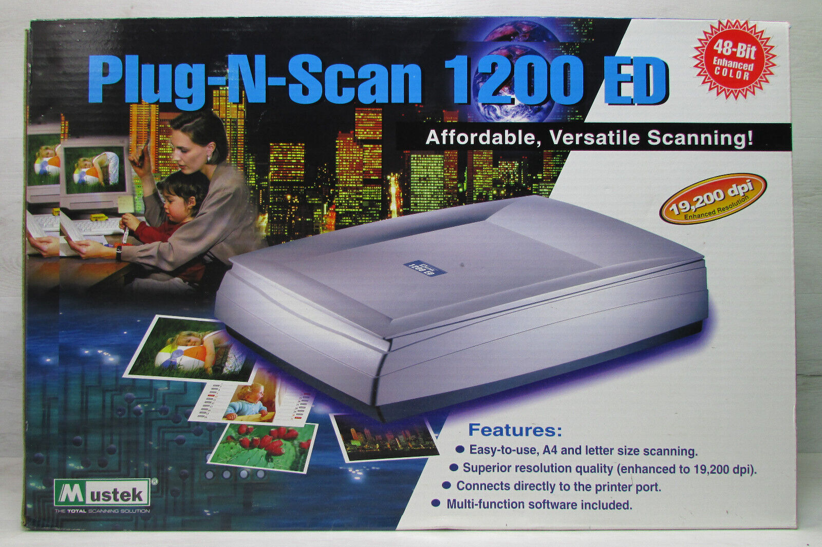 Vintage NEW in Box Desktop Scanner 19,200 dpi Mustek 1200 ED Plug-N-Scan 48 Bit