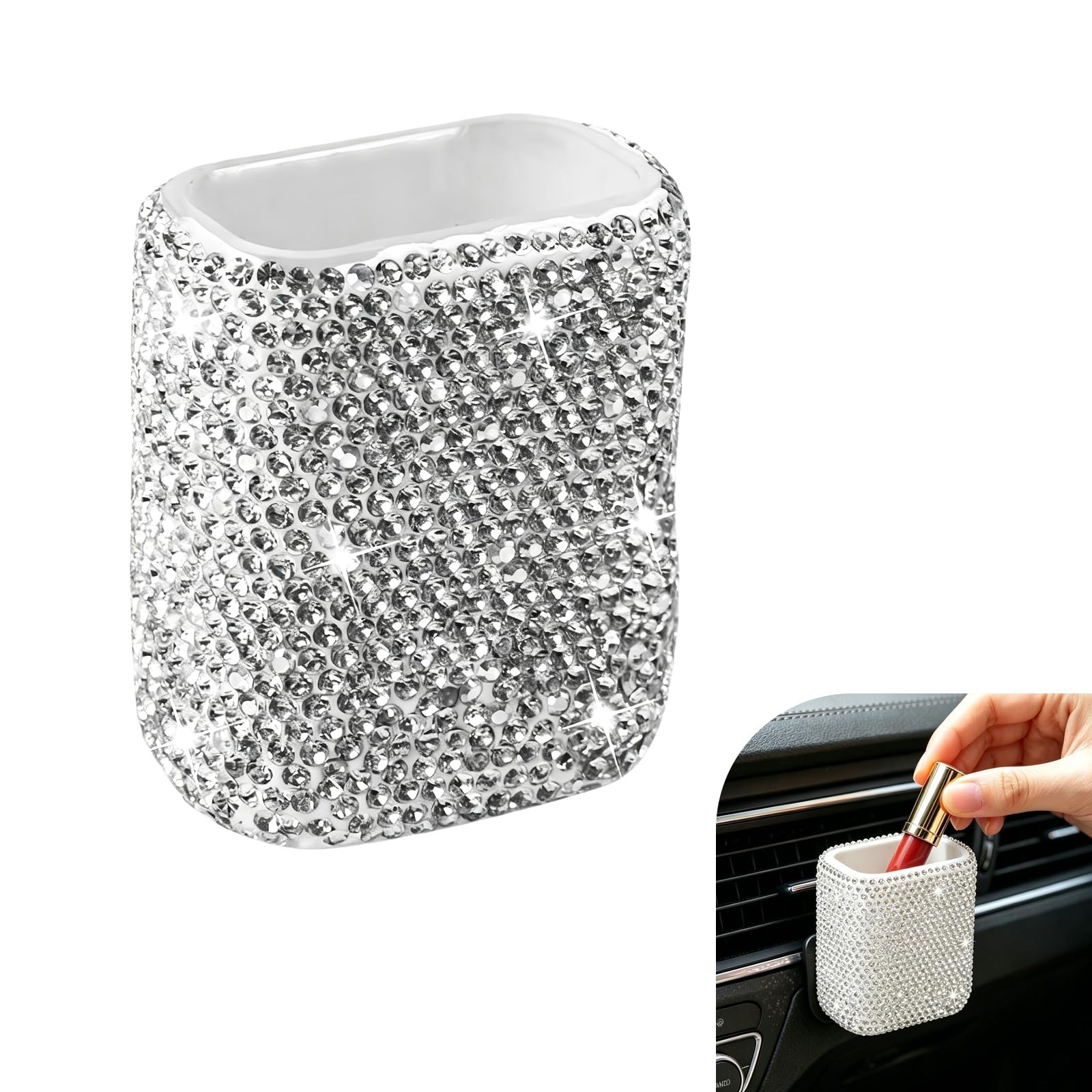 Bling Car Chapstick Holder Rhinestone Lip Balm Organizer Dash Universal White
