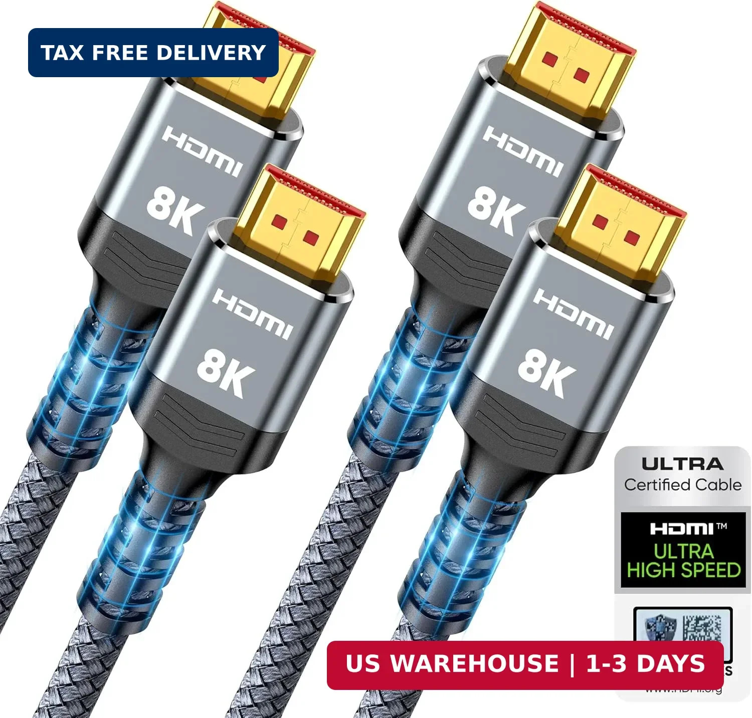Highwings 8K HDMI 2.1 Cable 2-Pack 6.6FT, Certified 48Gbps Ultra High Speed