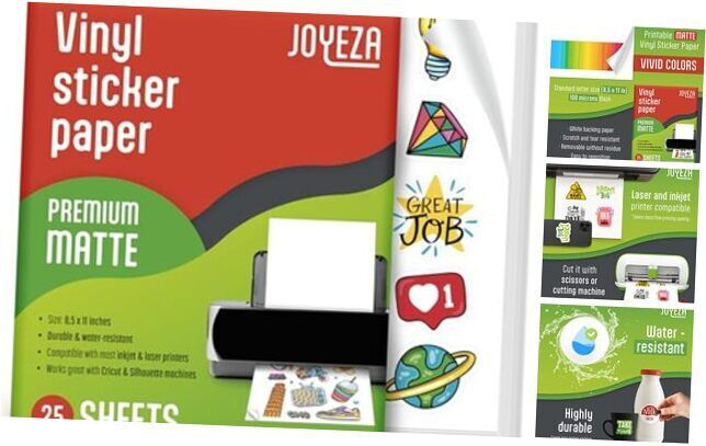 JOYEZA Premium Printable Vinyl Sticker Paper for Inkjet Printer - 25 pack of 25