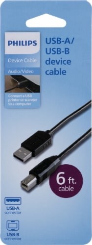 Philips USB Printer Cable 6ft USB-A to USB-B Black High Speed for Printers, A/V