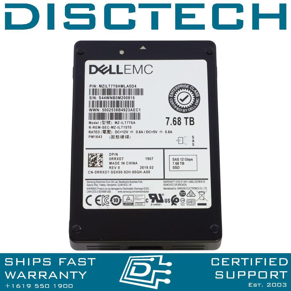 Dell RVYD5 Samsung MZ-ILT7T6A MZILT7T6HMLAAD3 PM1643 7.68TB 2.5" SFF RI SAS SSD