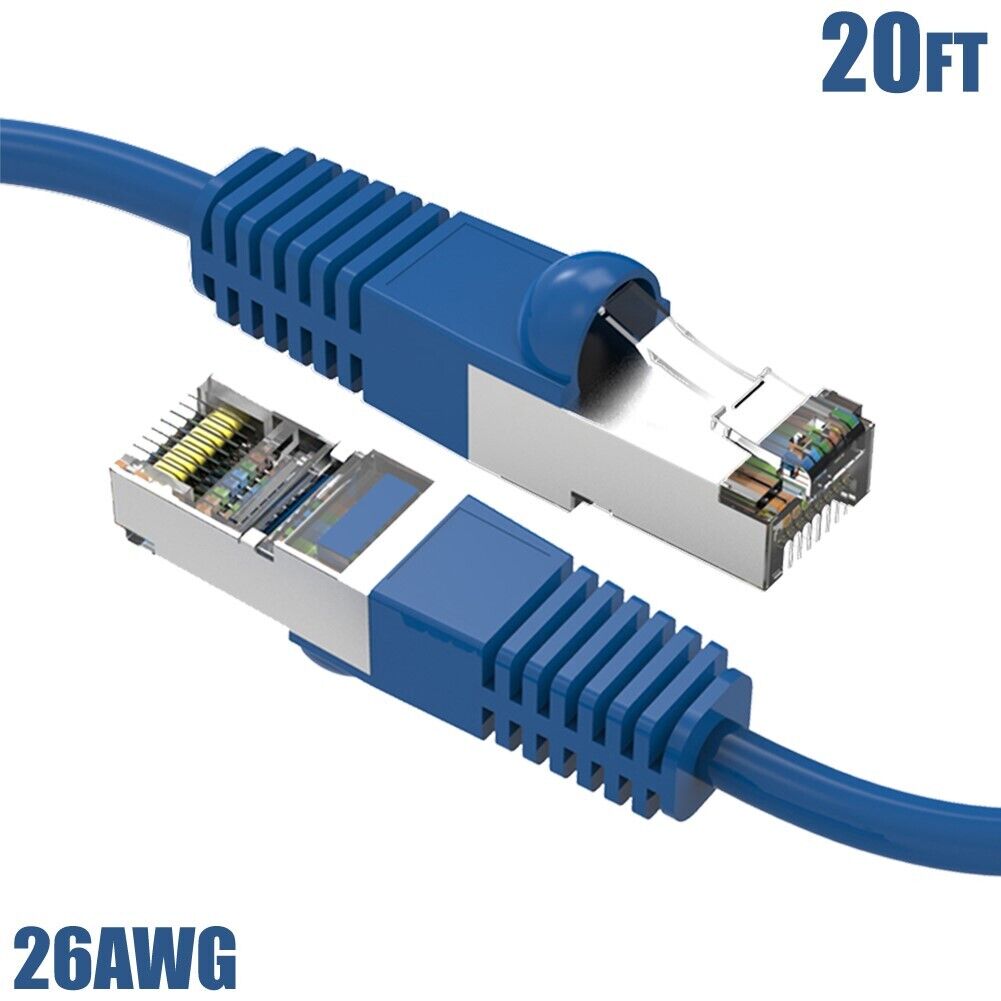 20FT Cat5E RJ45 Ethernet LAN Network FTP Shielded Cable Copper Gold 26AWG Blue