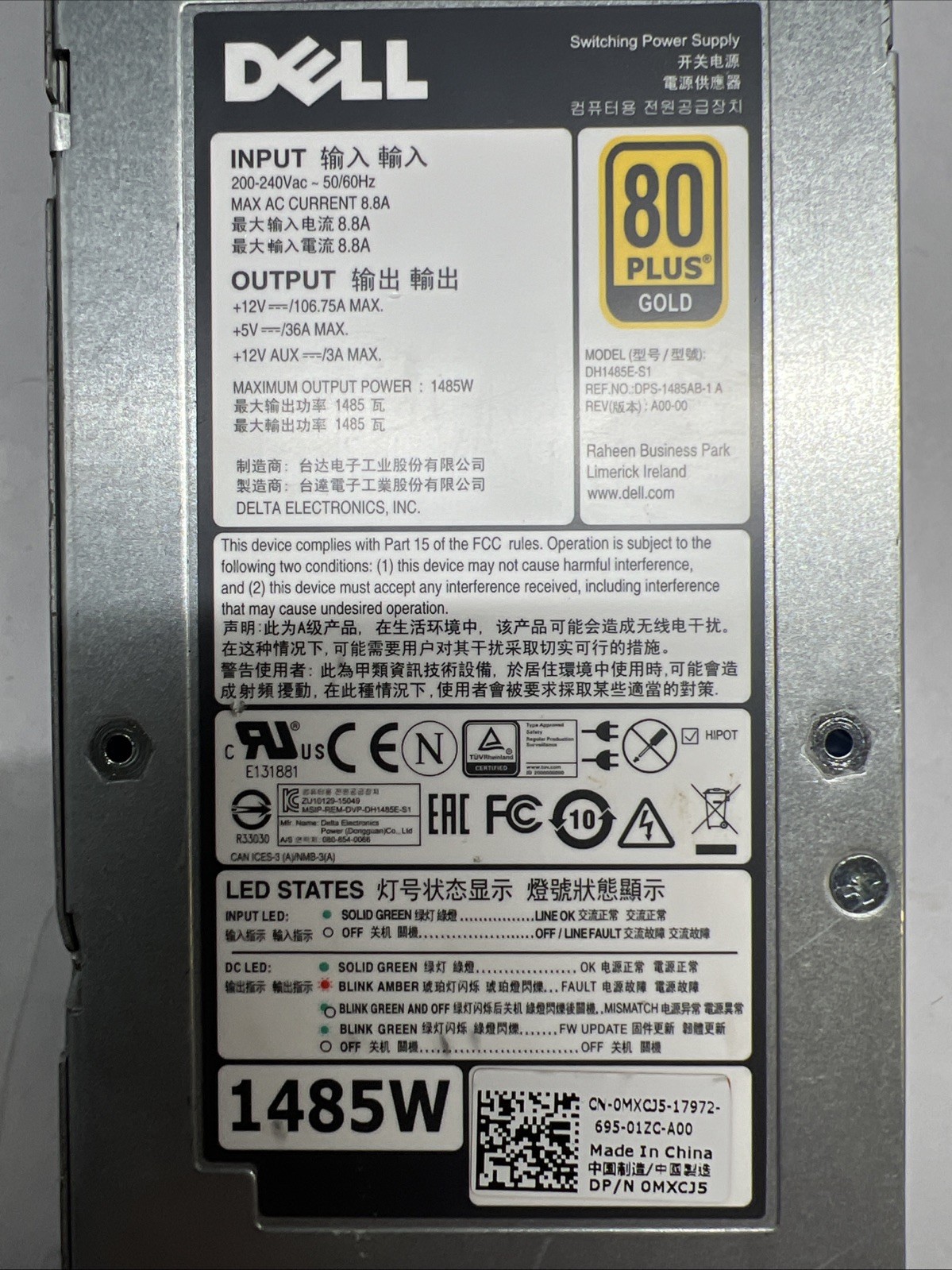 DELL EMC DH1485E-S1 SC5020 Power Supply T7KFK 1485W | New
