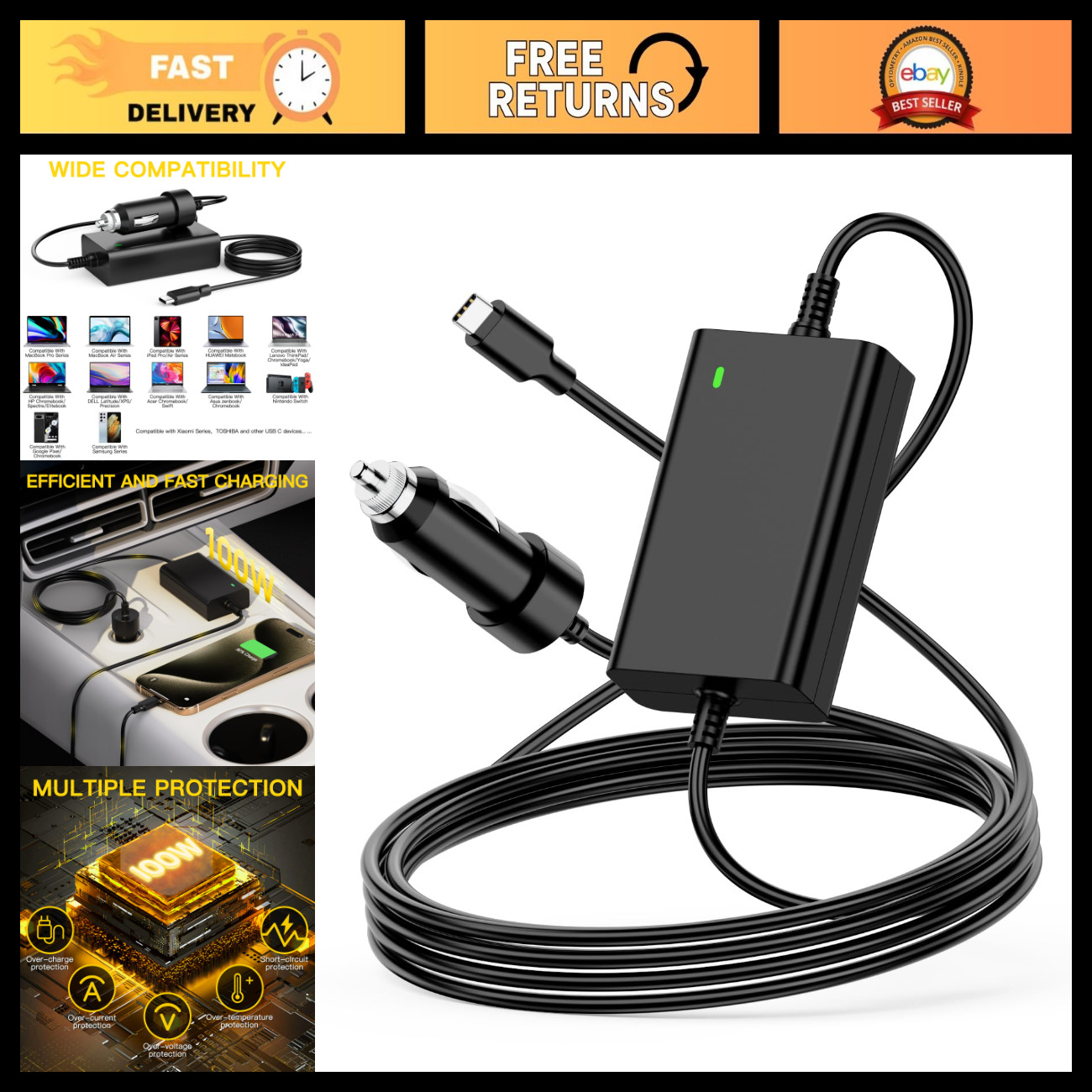100W USB-C Laptop Car Charger for Dell, MacBook Pro, XPS, Precision - Fast Charg