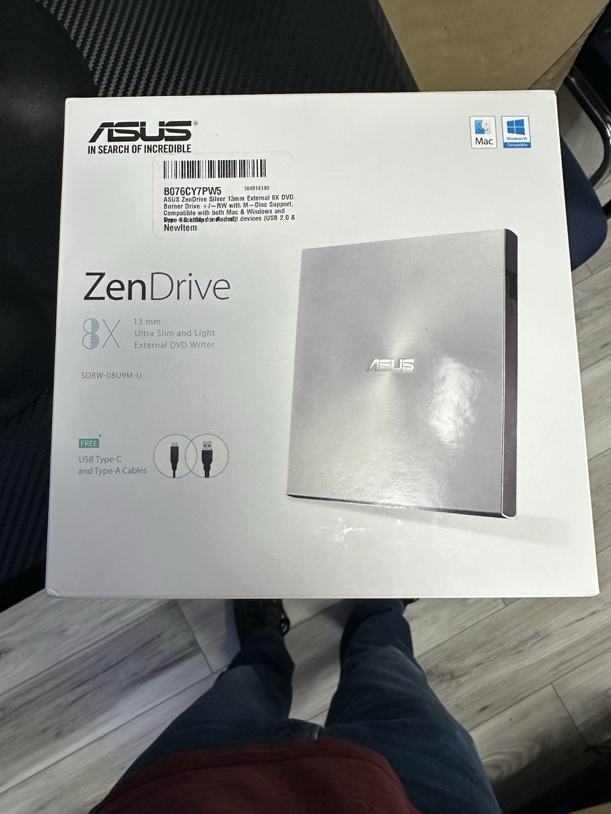 ASUS ZenDrive SDRW-08U9M-U External DVD Writer USB-C & USB-A 8X Slim Silver