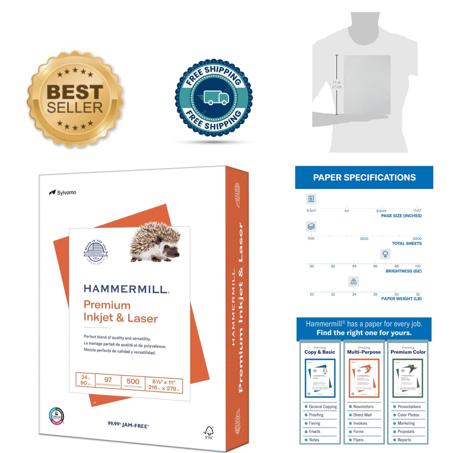 Sustainable 24lb Printer Paper, 500 Sheets - Inkjet & Laser, 97 Bright White
