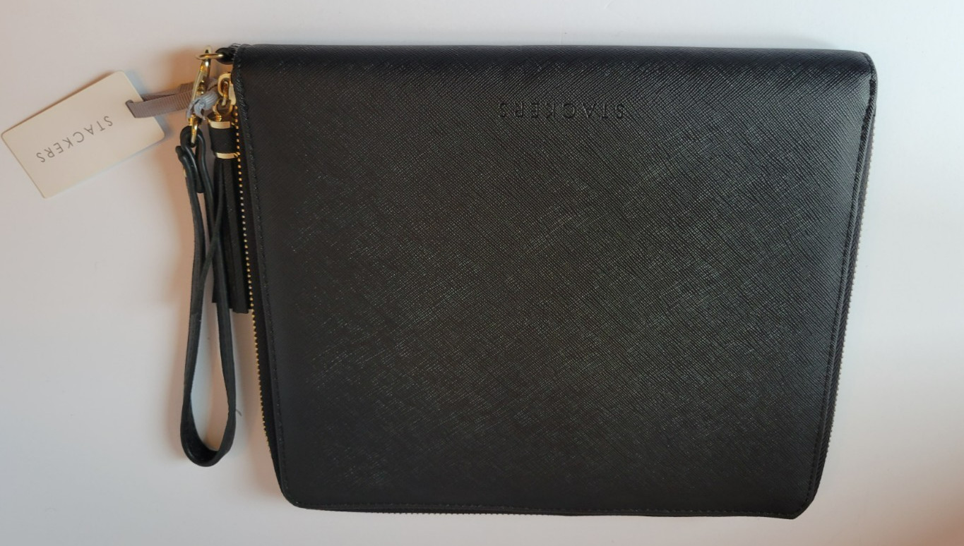 Stackers Tech Portfolio Black Vegan Leather Tablet iPad Organizer Bag NWT 7538