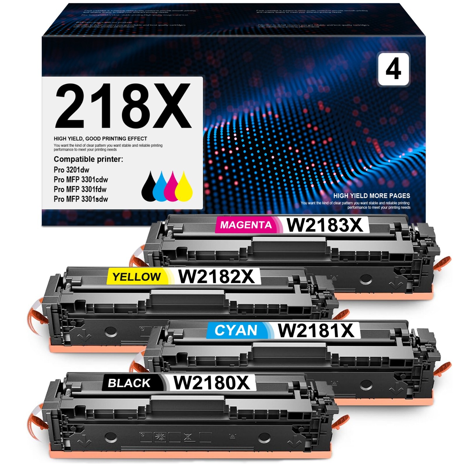 4 Pack Compatible 218X Toner with Chip for HP MFP 3301 3201 Printers