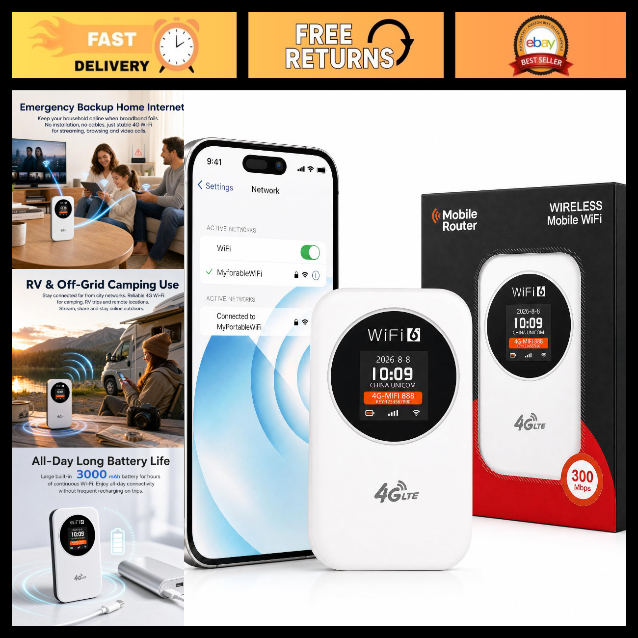 Unlocked 4G LTE Mobile WiFi Hotspot - Portable Pocket WiFi, 3000mAh, 12+ Hours,