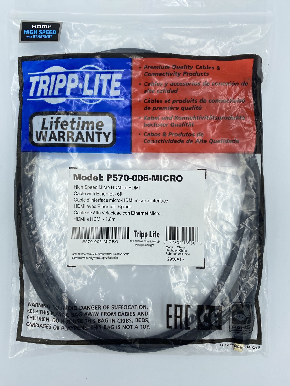 TRIPP LITE Hdmi To Micro Hdmi High Speed Cable With Ethernet (6ft) New