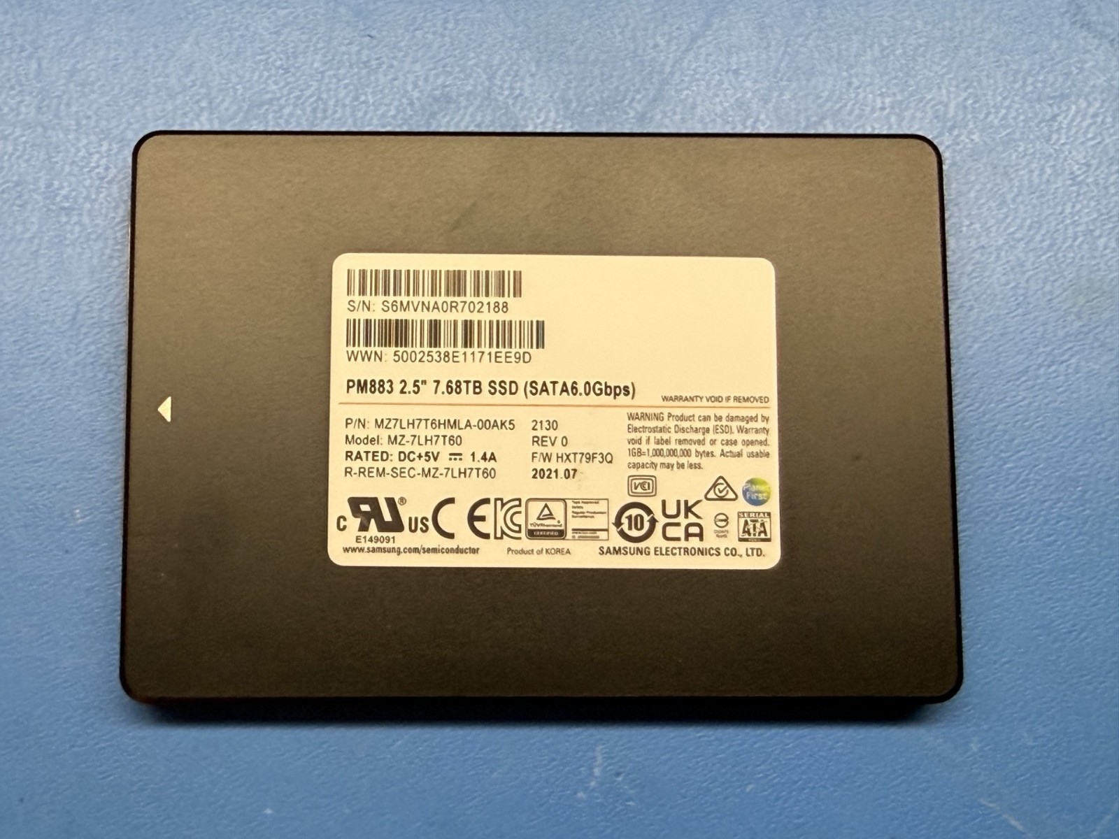 Samsung PM883 7.68TB Enterprise SATA SSD 2.5" MZ-7LH7T60 MZ7LH7T6HMLA Health 99%