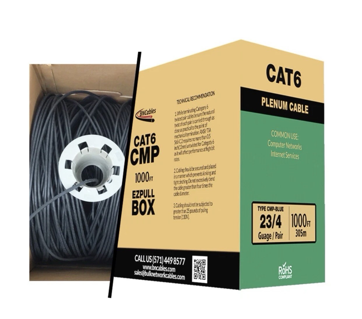 BNCables Cat6 Plenum 550 Mhz 23 AWG Solid 1000ft 10Gigabit UTP Cable