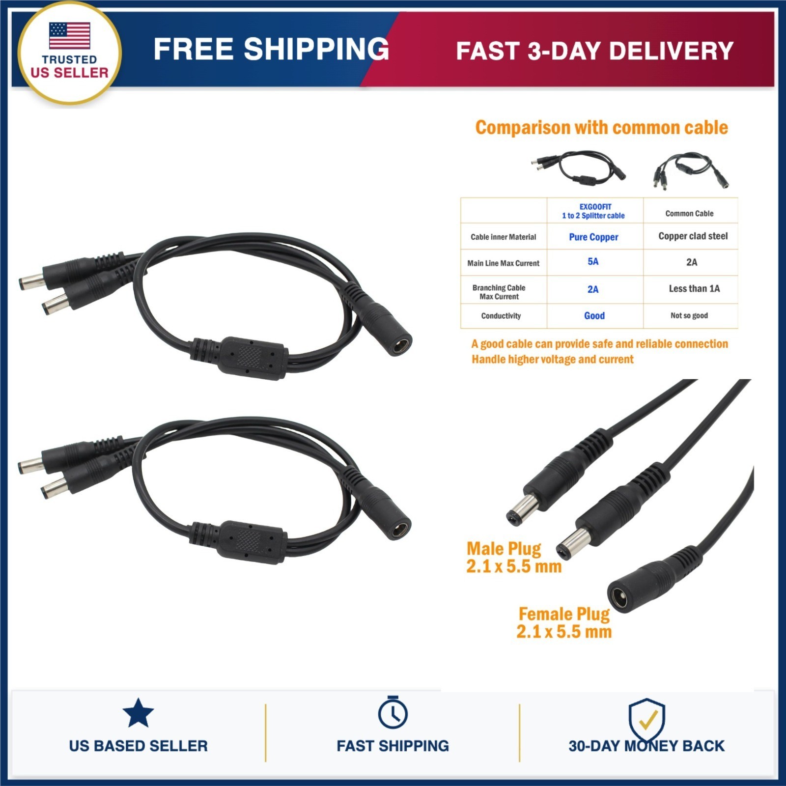 DC Power Splitter Cable 1 Female to 2 Male 5.5mm x 2.1mm, 2 Pack for LED CCTV