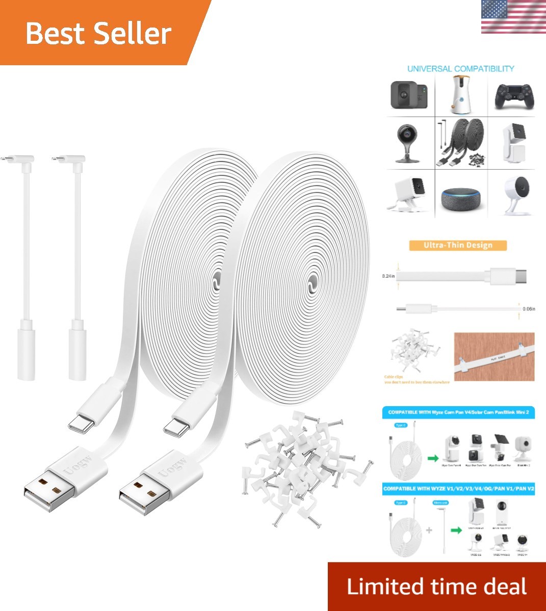 2 Pack 10FT USB A to USB C Power Extension Cable for Wyze & Nest Cameras