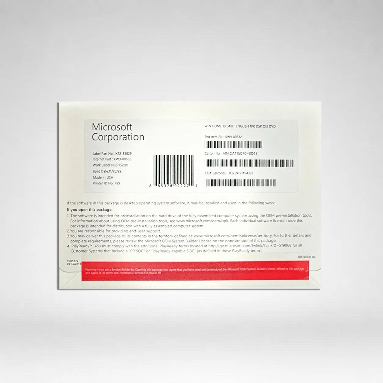 Win 10 Pro 64 bit DVD with Product License Key New Sealed & 