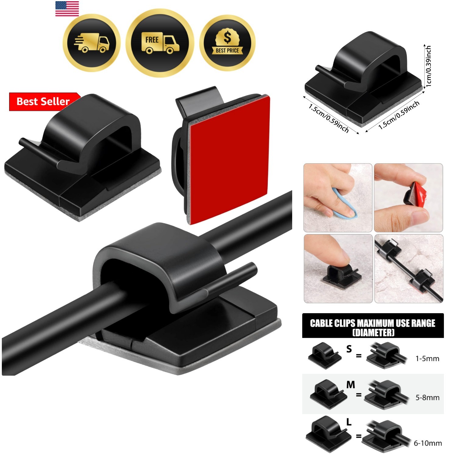 60 Pcs Adhesive Cable Wire Clips Outdoor, Christmas Light Clips Cable Managem...