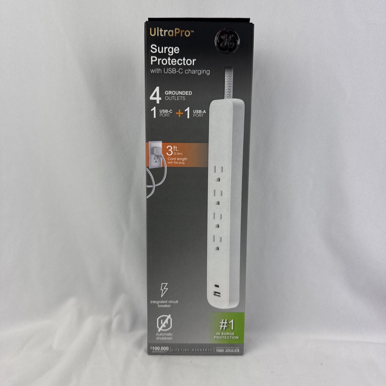 GE UltraPro 4 Outlet Surge Protector, USB-C & USB-A Charging, 3 ft Braided Cord