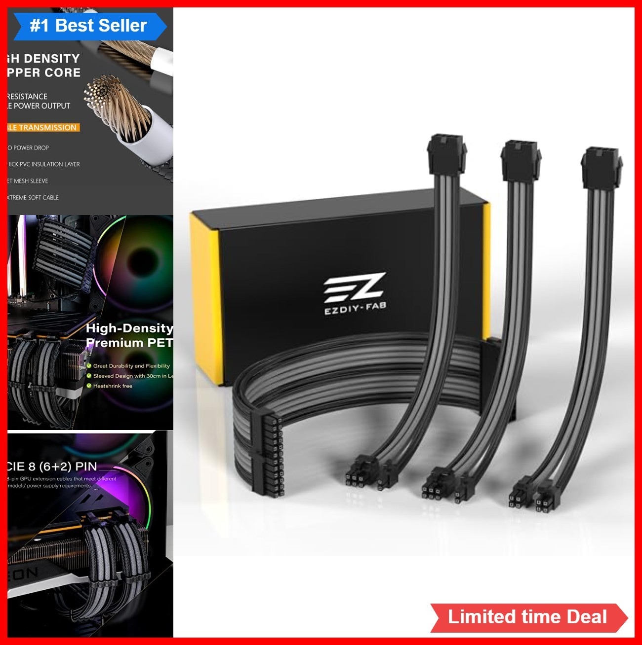 PSU Cable Extension Kit 18AWG 30cm ATX EPS PCIe Black Grey Braided Sleeved